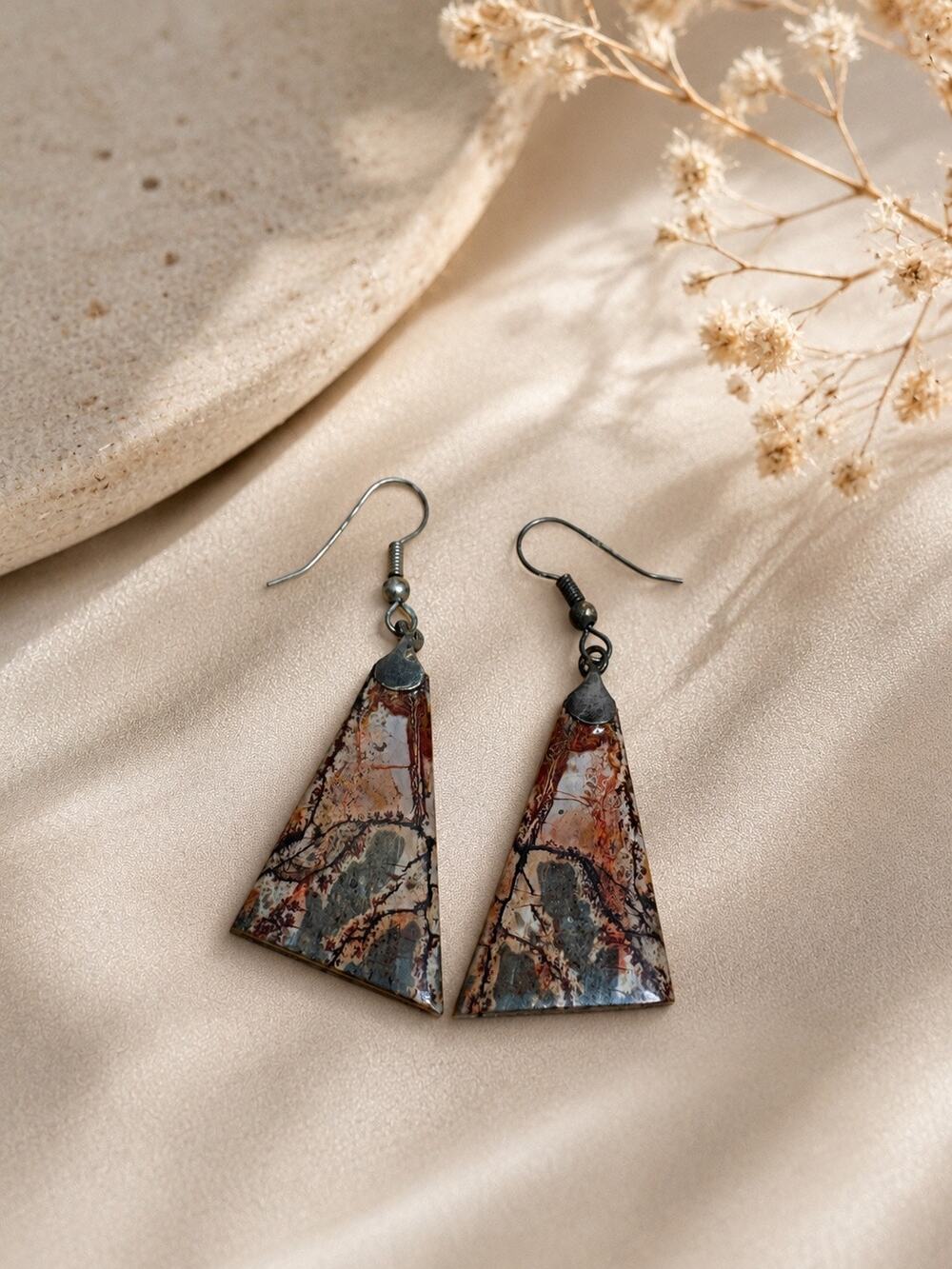 Vintage Sterling Silver 925 Jasper Triangle Dangle Artisan Earrings Boho